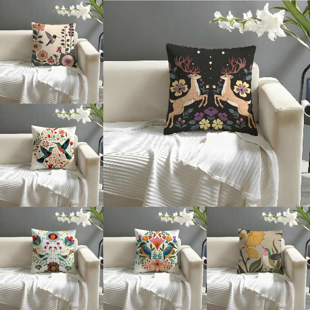 Natural Plant, Bird, And Flower Prints Pillow Case Cotton Linen Fabric Square Zipper Pillowcase Home Decorative Living Room