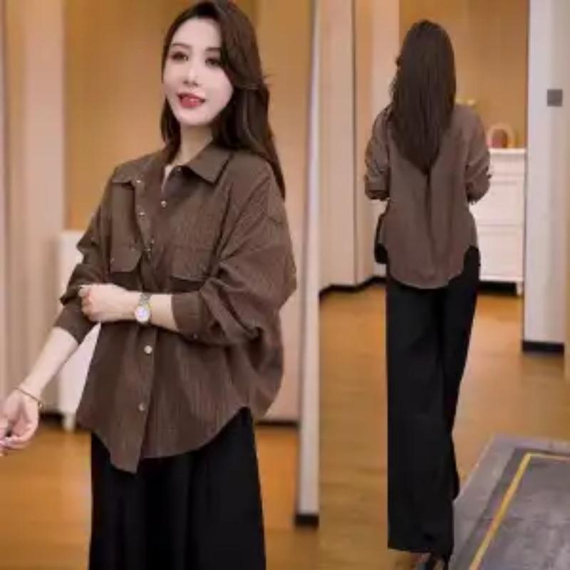 Women's New Stitched POLO Collar Button Print Fashion Loose Versatile Casual Long Sleeve Shirt