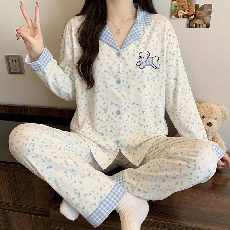 Spring and Autumn New Imitation Cotton Pajamas Women's High-end Plaid Long-sleeved Cartoon Embroidered Loungewear Two-piece Set