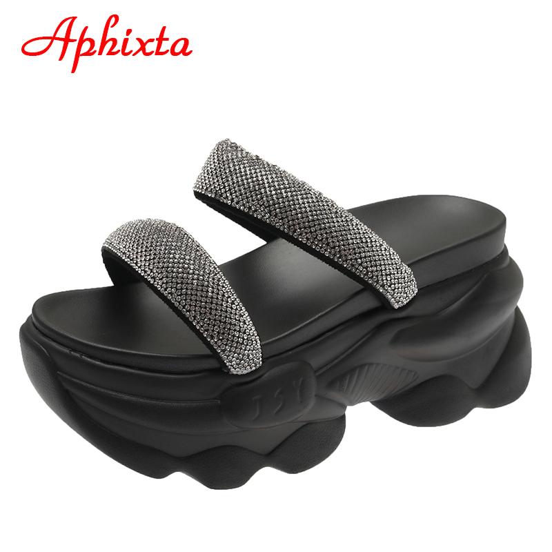 Fashion Aphixta 2025 New Luxury Crystals Summer Thick Sole Slides Simple Platform Women Shoes Green Flip Flops Wedge Heel Beach Slippers