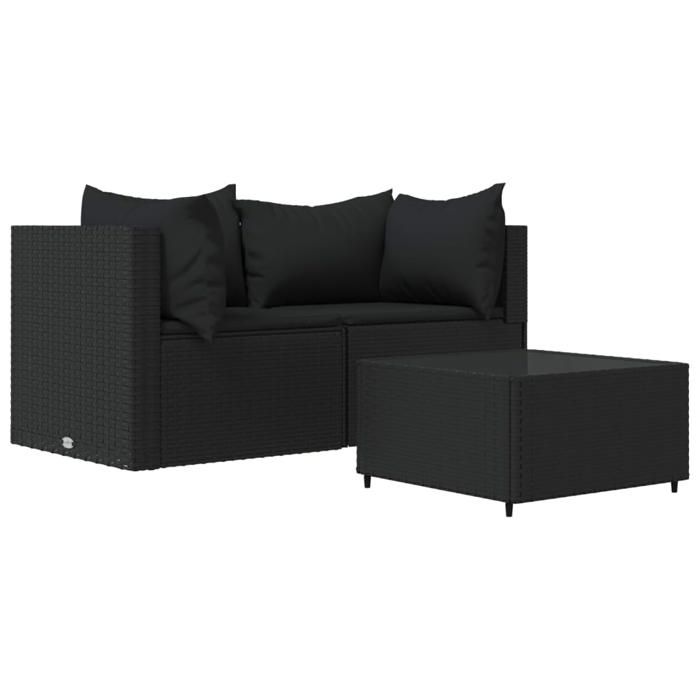 VidaXL Salon de jardin 3 pcs avec coussins Noir Résine tressée, ensemble de salon d'extérieur, ensemble de mobilier 319779