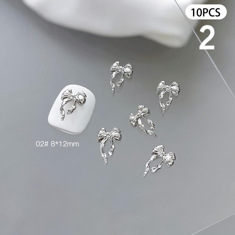 10 Pcs Glossy Silver Ribbon Nail Art Charm 3D Metal Alloy Bows Silk Ribbon Nail Decoration Diy Retro Metallic Nail Accessories