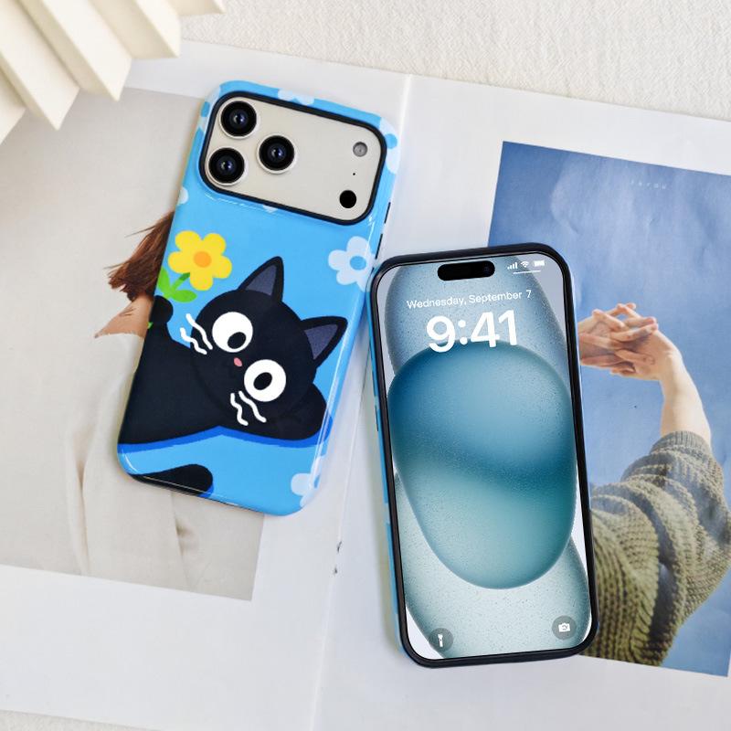 Film Phone Case 16pm 2-in-1 Smooth Surface Suitable for Apple 17 Black Cat Anti Drop Phone Protective Case
