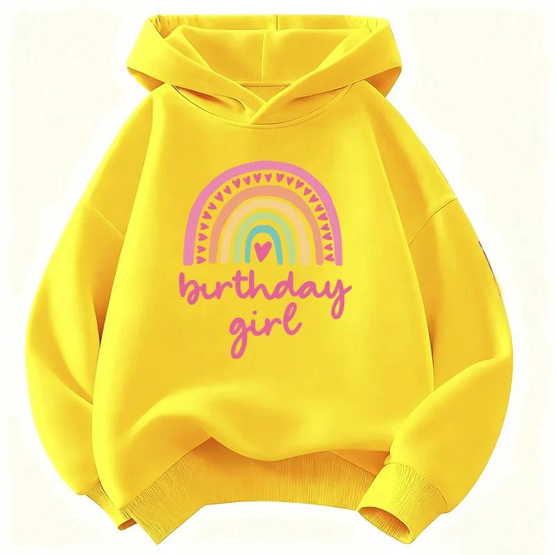 Autumn-Winter Fashion Rainbow Heart Birthday Print Children's Hooded Sweatshirt for Boys and Girls Retro Trendy Pullover Sweater