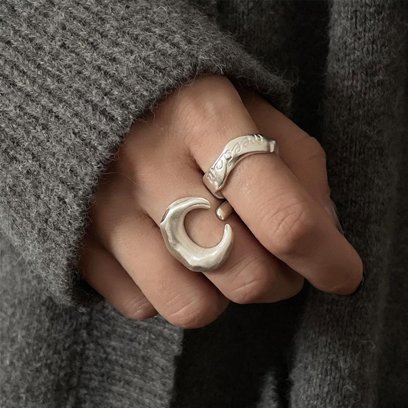 925 Silve Frosted Moon Ring for Women Girl Letter Versatile Irregular Jewelry Gift