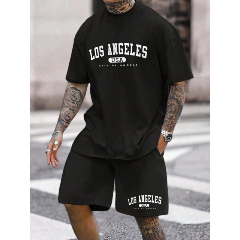 Set Casual pentru Bărbați Manfinity Homme, Tricou cu Mânecă Scurtă cu Imprimeu Litere și Pantaloni Scurți, Costum de Trening pentru Ieșit, Cadou pentru Iubit