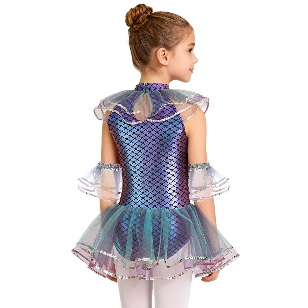 Kids Girls Mermaid Cosplay Costume: Sleeveless Mesh Sequins Bodysuit with Fish Scales Print & Arm Sleeves for Halloween Party