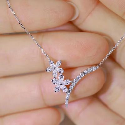 Colar com Pingente de Flor de Zircônia Exquisita para Mulheres Corrente de Prata Esterlina Fashion Bonita Gargantilha de Casamento para Namorada