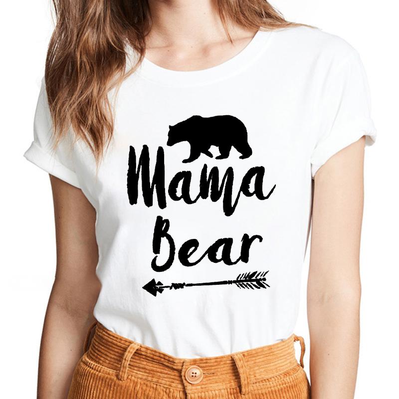 Lattice Mama Bear Letter Print T Shirt Women White Shirts Fashion O-Neck Short Sleeve T-Shirt Summer Tee Casual Top Female Tee