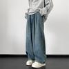 גברים Streetwear Baggy Wide Leg Jeans מכנסיים במצוקה מכנסיים ג'ינס גברים אוברסייז חלול קז'ואל קוריאני היפ הופ