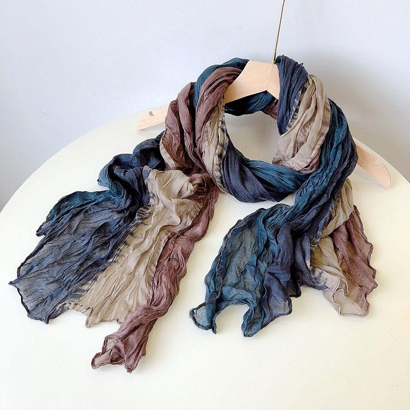 Retro Pleated Color Matching Scarf Soft Versatile Slender Silk Scarf Women'S Autumn And Winter Warm Neck Protection Scarf Shawl