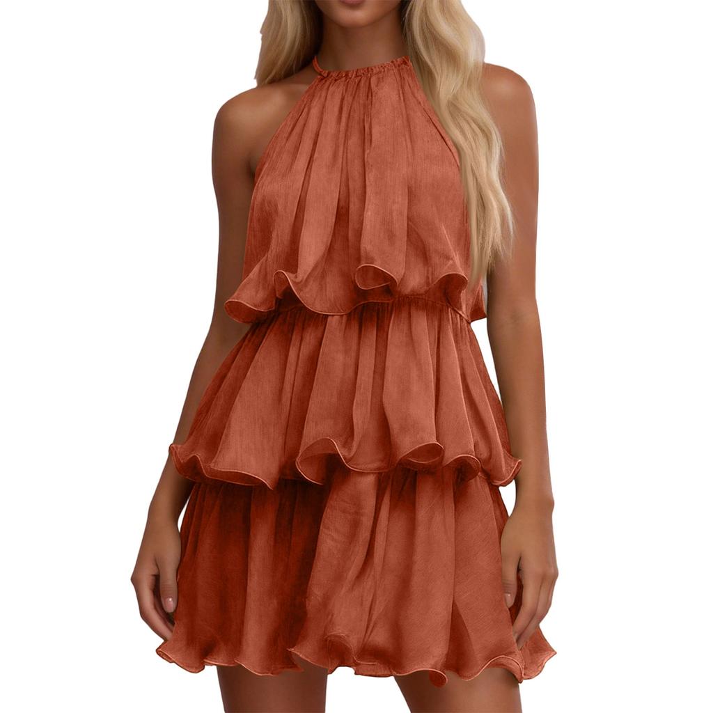 Women's Fashionable Casual Neck Sleeveless Ruffle Dress