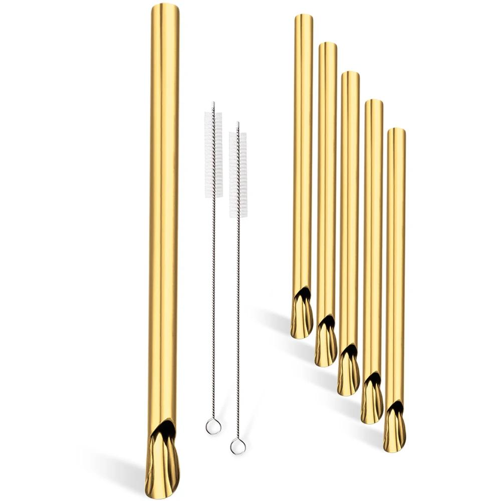 8Pcs Stainless Steel Straw Reusable Pearl Milkshake Bubble Tea Straws with Brush Stirring Smoothie Spoon Shaped Straw Set