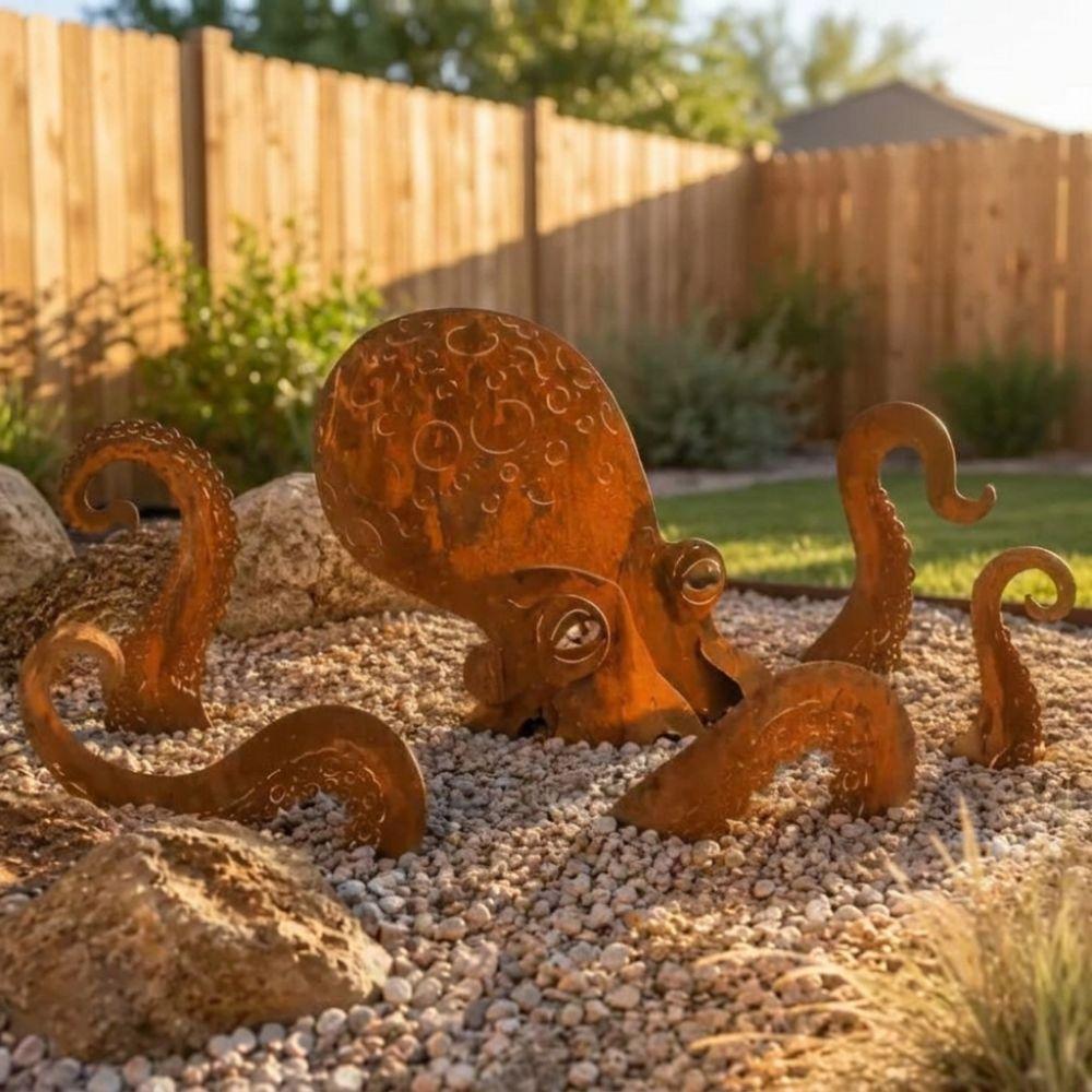 Vintage Iron Rusty Metal Squid Garden Statue Coastal Art Squid Yard Art Decor Outdoor Yard Art