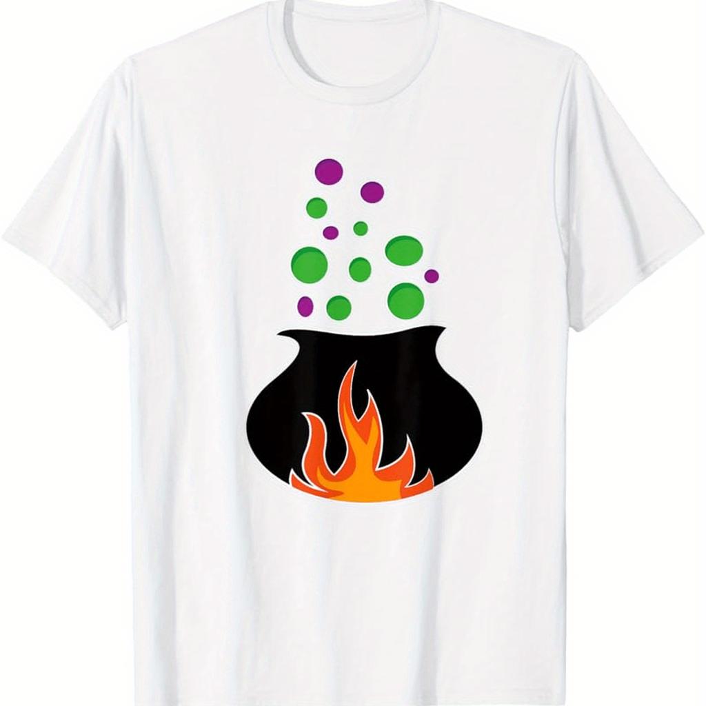 MenS WitchS Cauldron TShirt  White Halloween Graphic Tee with Black Cauldron  PurpleGreen Bubbles Print