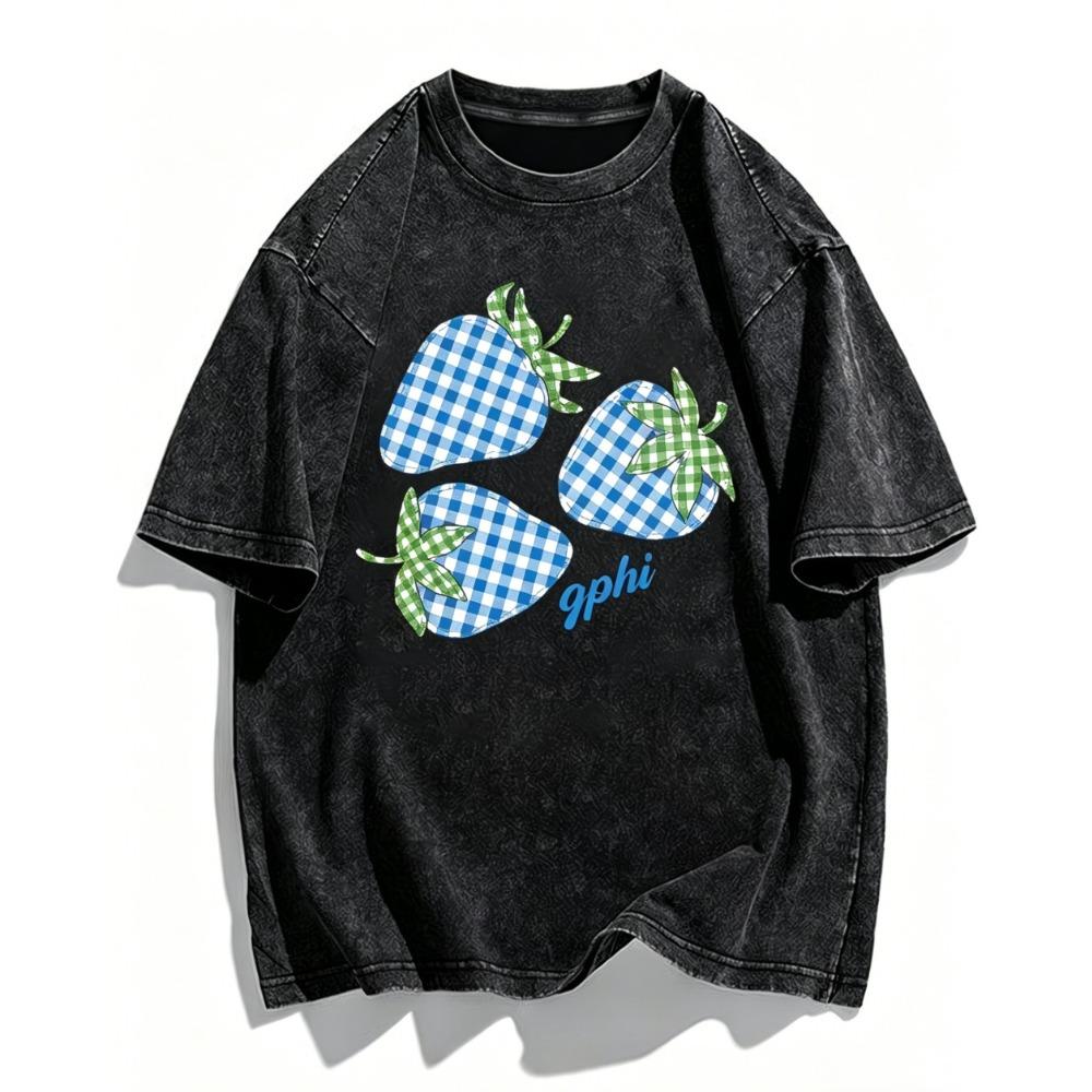 Checkered Strawberry Print T-Shirt Washed Cotton Acid Wash Graphic Tee Retro Fruit Design Top Fashionable Casual Unisex Shirts Daily Wear Cool Top