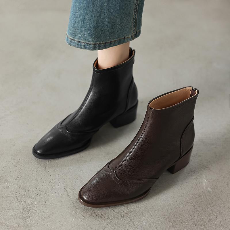 Krazing Pot Sheepskin Winter Round Toe Chelsea Boots Med Heels Zipper Carving Decoration Women Ankle Boots