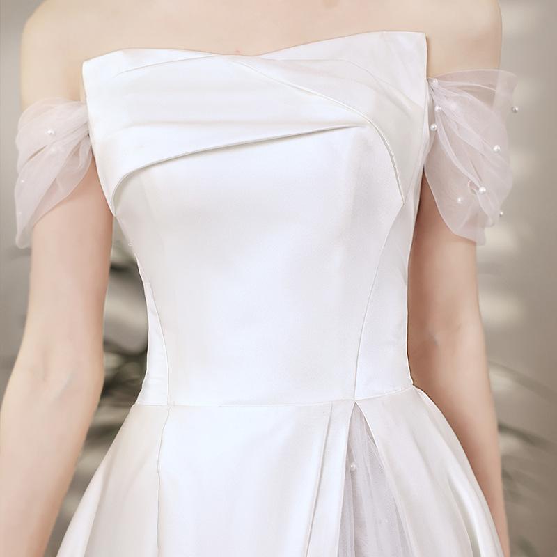 French Light Wedding Dress Satin Toast Dress Bride Wedding White Evening Dress Banquet One-word Shoulder Simple Temperament Travel Photography