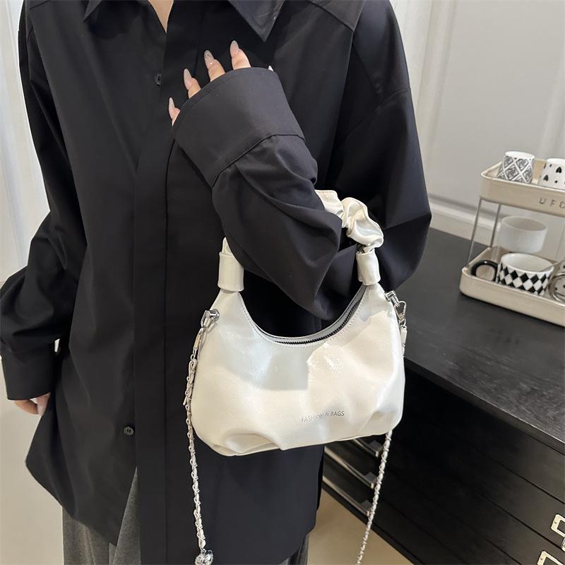 Chic Shiny Women Shoulder Y2K Bag, Crescent Ruched Handbag Purse with Pearl Bow Charm Adjustable ,Chain Strap Crossbody Bag