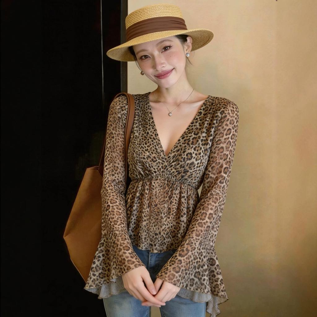 Holiday style leopard print chiffon shirt women's summer new super good-looking loose and thin outer wear sunscreen top