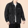 Men's Black Embroidered Loose Denim Jacket - Casual Autumn Plus Size Workwear