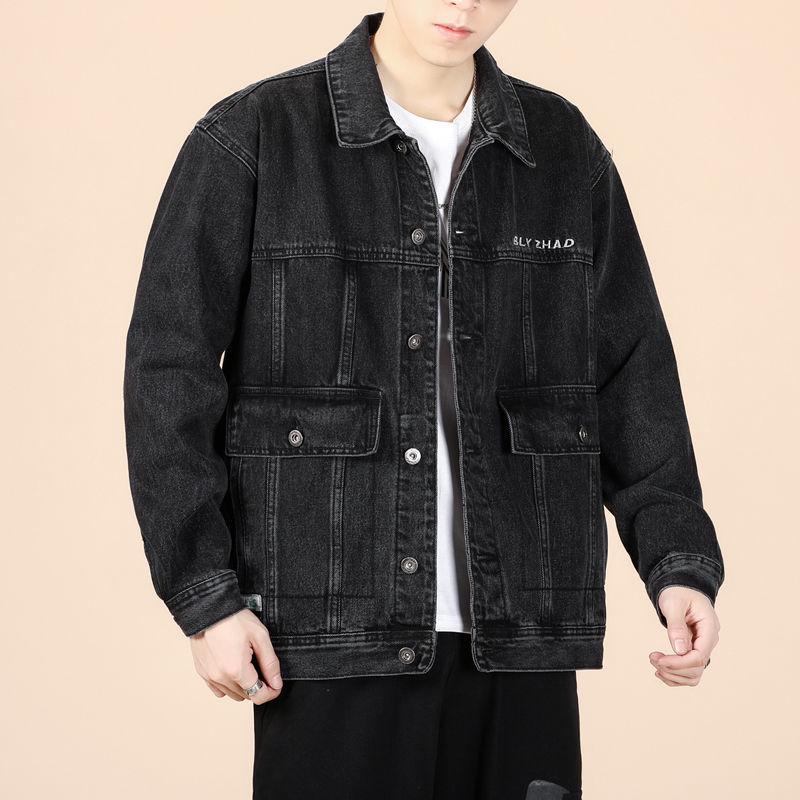 Men's Black Embroidered Loose Denim Jacket - Casual Autumn Plus Size Workwear