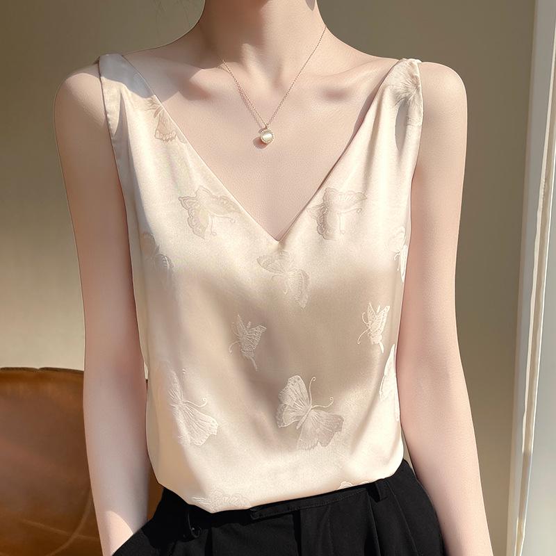 

Women s French Silk Satin V-Neck Camisole with Butterfly Print and Wide Straps M