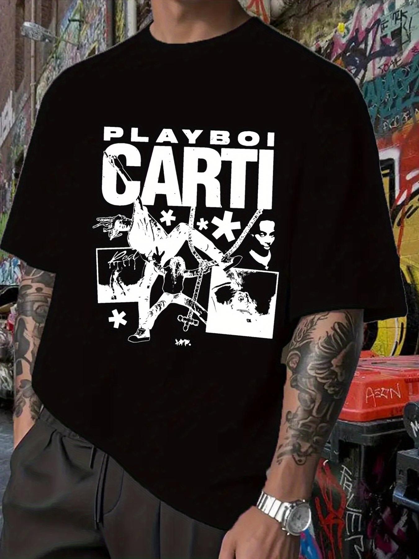 Graphic T-shirt - Black Hip-Hop Band Print Tee with Cartoon Character & Stars M