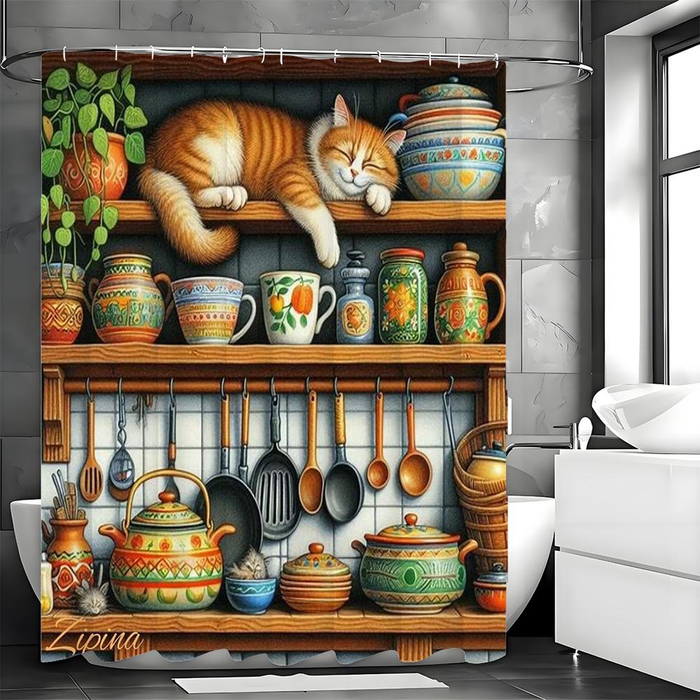 Kitchen Cabinet Cute Cat Kitchenware Items Shower Curtain, Bathroom Decorative Shower Curtain, Waterproof Shower Curtain with Ho