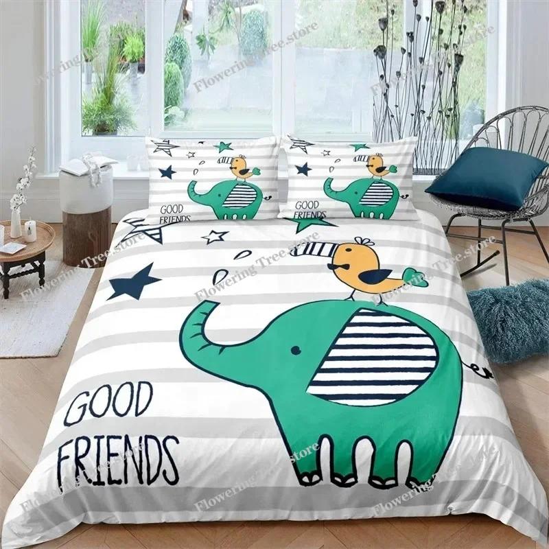 Kids Cartoon Elephant Duvet Cover Lovely Animal Theme Bedding Set Full For Girls Boys Kawaii Room Decor Microfiber Quilt Cover