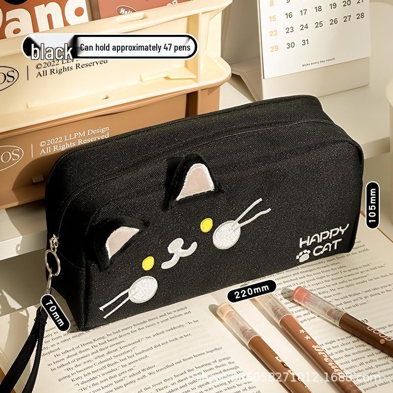 Adorable Cat Embroidered Large-Capacity Stationery Pencil Case for Girl Students