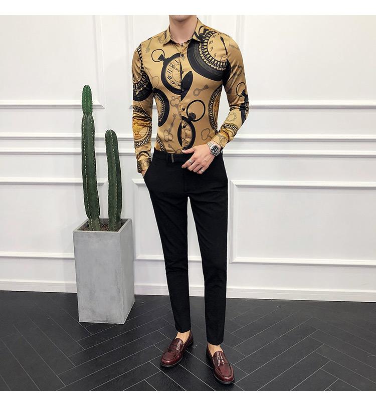 Vår Lyx Guldtryck Casual Skjorta Herr Mode Fest Långärmad Skjorta Slim Fit Smoking Skjortor Nattklubb Arbete Social Skjorta