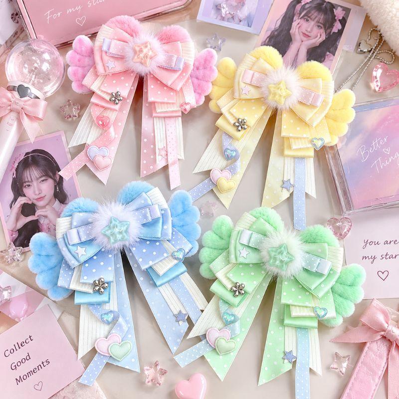 Cute Plush Heart Wings Bow Brooch Badge Handmade Pastel Ribbon Pin With Star Heart Charm Ita Bag Decor Light Sticks Accessories