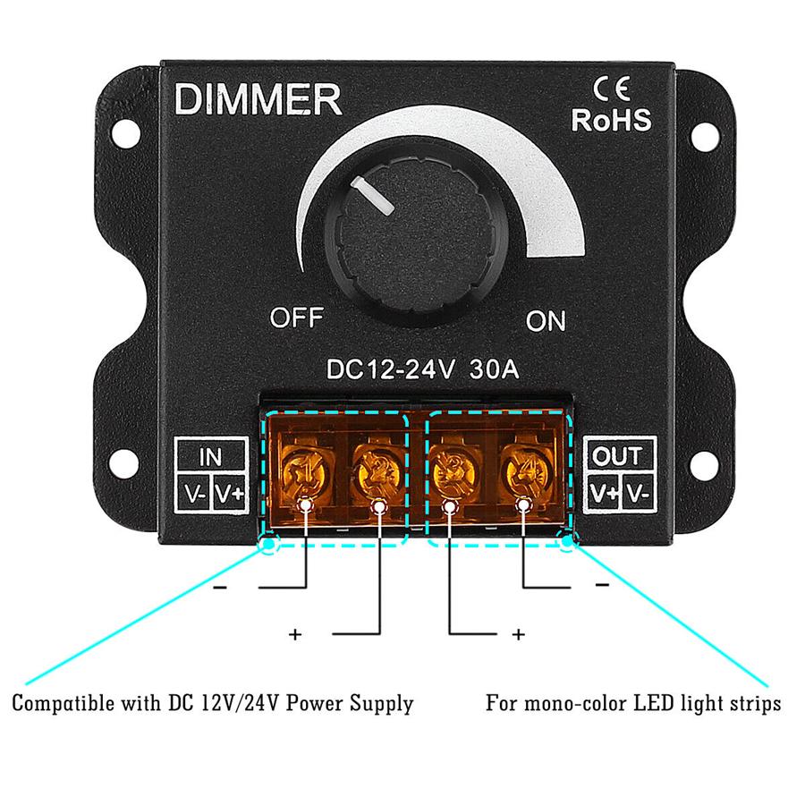 Manual Knob Dimmer Controller DC 12V-24V 30A For Single Color LED Strip Lights
