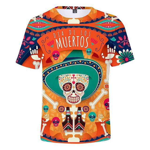 Summer Round Neck 3D Day of the Dead Colorful Skull Print Top Fashionable Casual Short Sleeved Men's and  Women's Unisex T-shirts