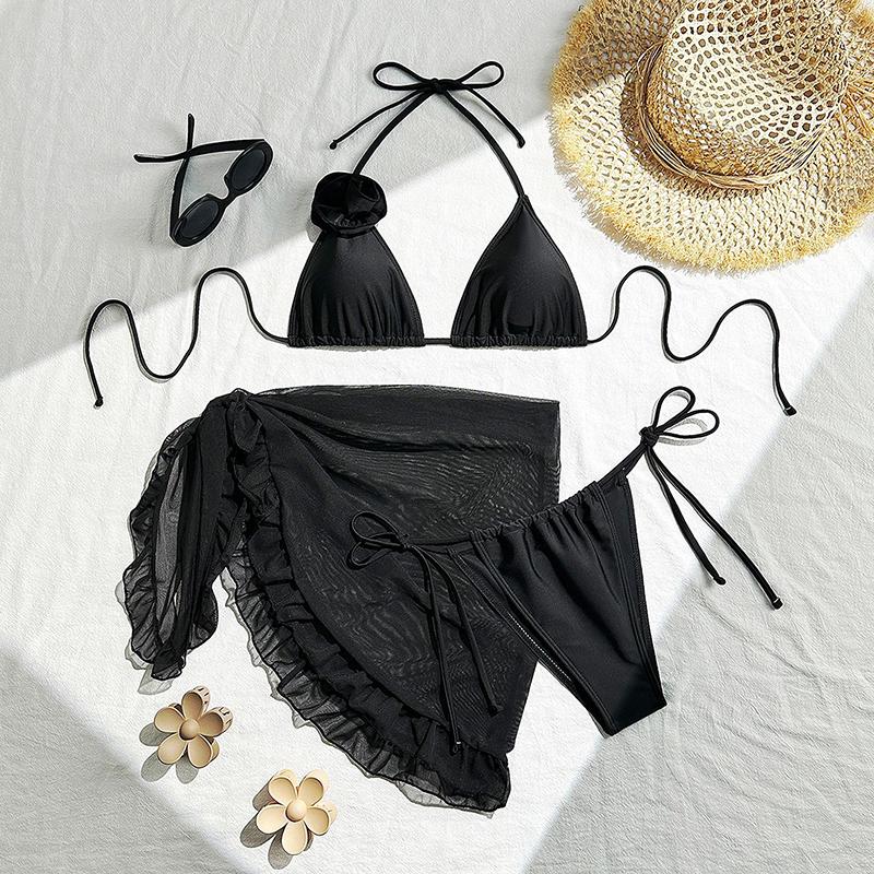 

Новый Сексуальный Однотонный Набор из Трех Предметов с Розой Сетка Короткая Юбка Купальник Бикини Купальный Костюм для Женщин Купальник Женский S чёрный
