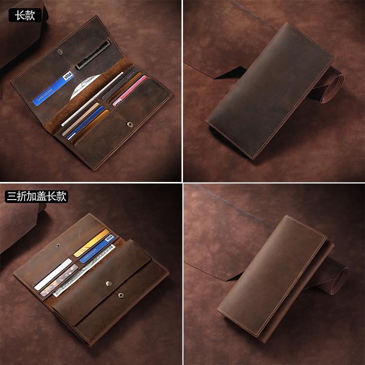 Vintage Crazy Horse Leather Long Wallet for Men, Genuine Leather, Tri-fold Wallet, Multifunctional Business First Layer Cowhide Clutch for Men