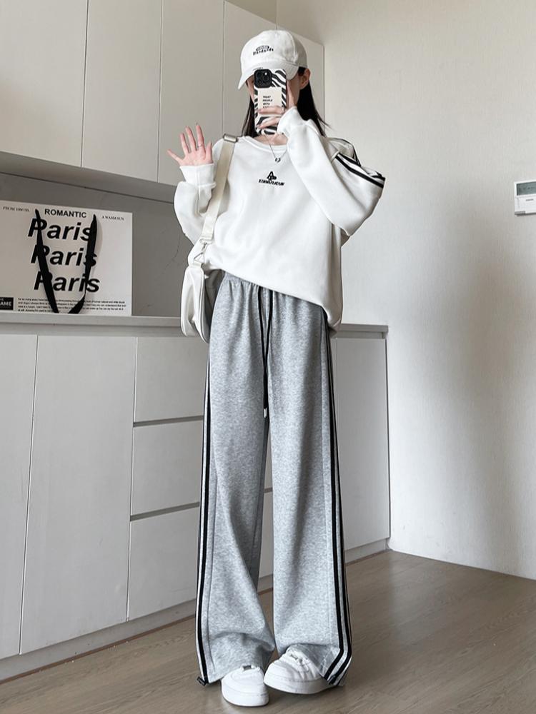 Striped Sports Pants, Women's Spring and Autumn Straight Leg Loose Sweatpants, Lazy Three Bar Wide Leg Pants