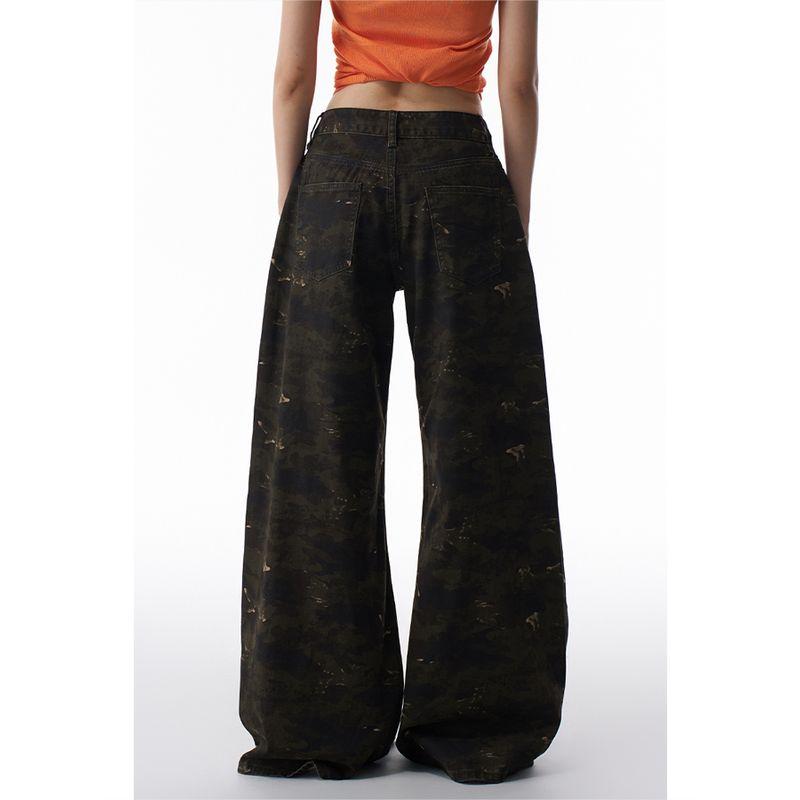 American Retro Loose Cargo Jeans Female This Year Popular Distressed Profile Camouflage Loose Pants Super Slimming Pants