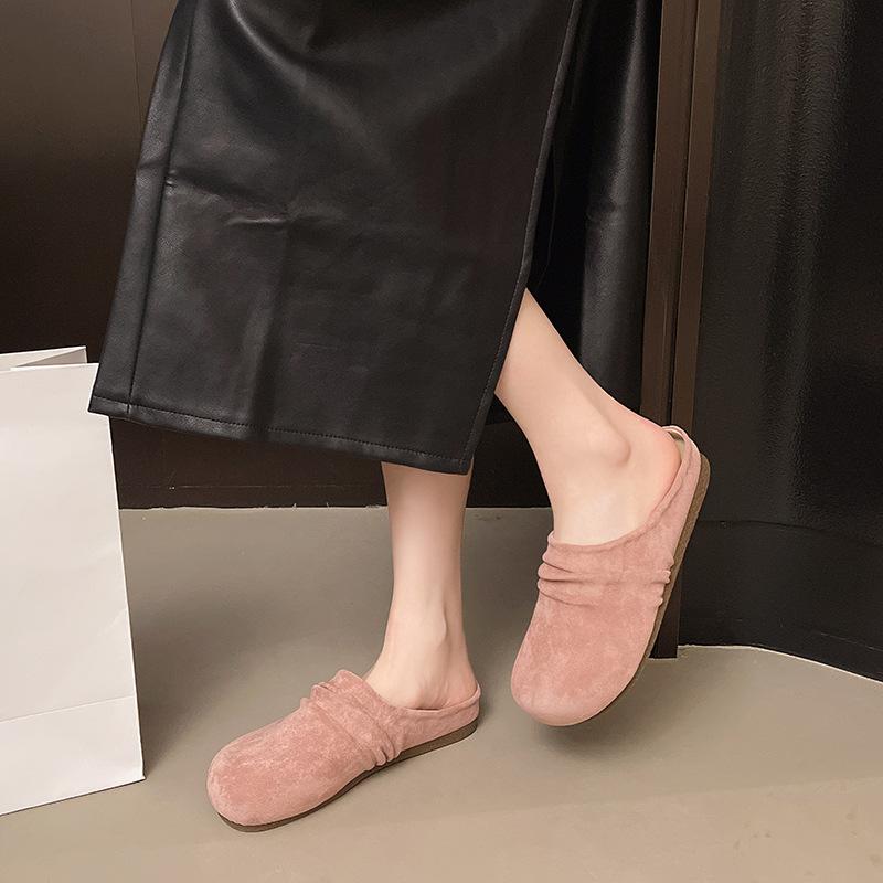 One pedal bag head and half slippers women's new outer wear retro round head versatile thick bottom soft leather