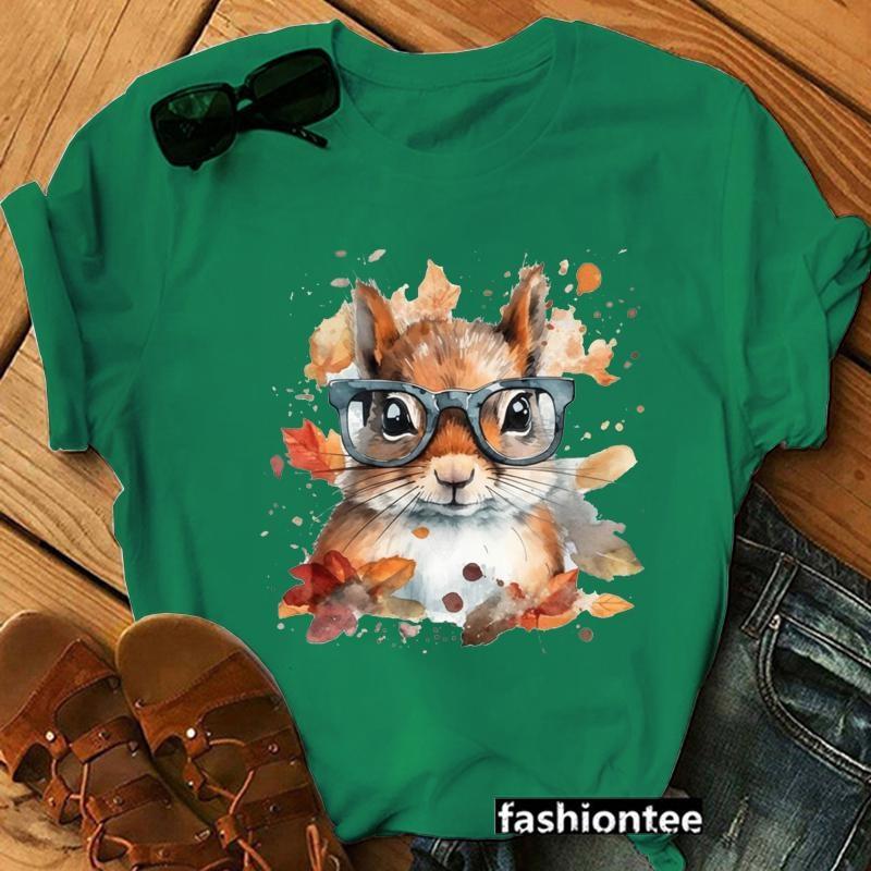 Cute Squirrel Pattern Printed T-Shirt Personalized Creative Casual Round Neck Shirt Funny Squirrel T-Shirt Top