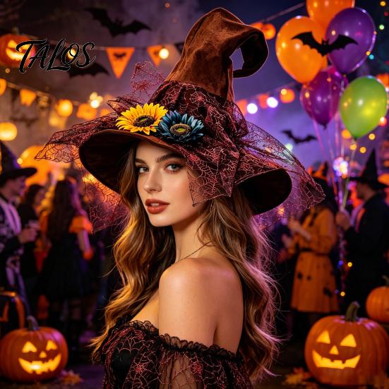 Non-itchy Halloween Hat Women's Large Ruched Witch Hat, Felt Wizard with Photo Prop Ruffle/Flowers/Mesh, Adults Cosplay Costume for Party, Masquerade
