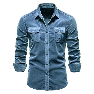 Cămașă casual bărbătească de toamnă, din bumbac reiat, slim fit, cu mâneci lungi