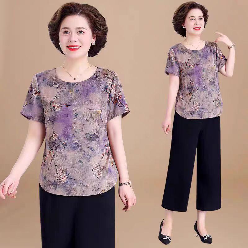Summer Clothes, Western Style Small Shirts, Middle-aged and Elderly Ice Silk Short-sleeved Women's Grandma Clothes, Summer Plus Size Tops