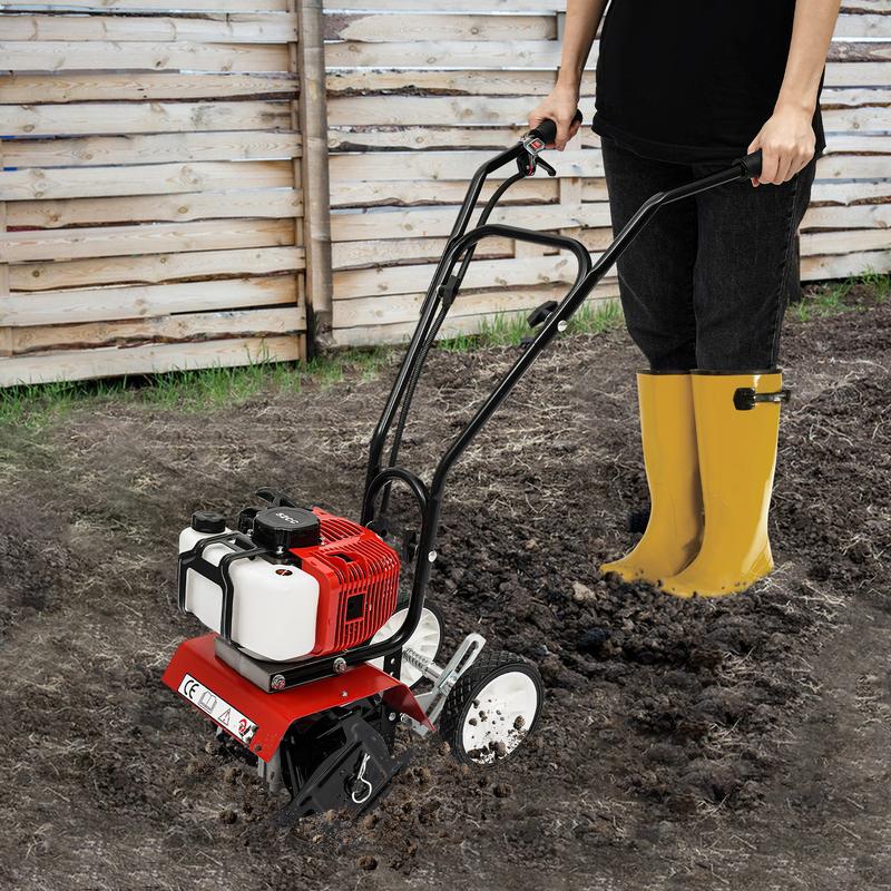 52cc 2-Stroke Gas Tiller, 1900W Cultivator w/ 4 Steel Blades, Handheld Pull-Start Tiller for Garden, Farm, Greenhouse Tilling