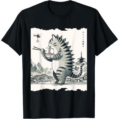 Kaiju Cat Ramen Lover Graphic Tee Funny Catzilla Monster Eating Noodles T-Shirt