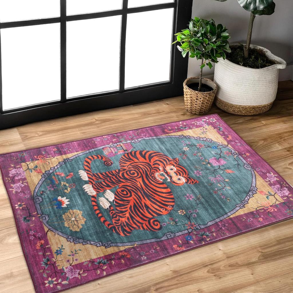 Rectangular Tiger Patterned Tropical Leaf Door Mat for Home Decoration Pink Anti Slip Mat for Living Room Home Decoration Carpet