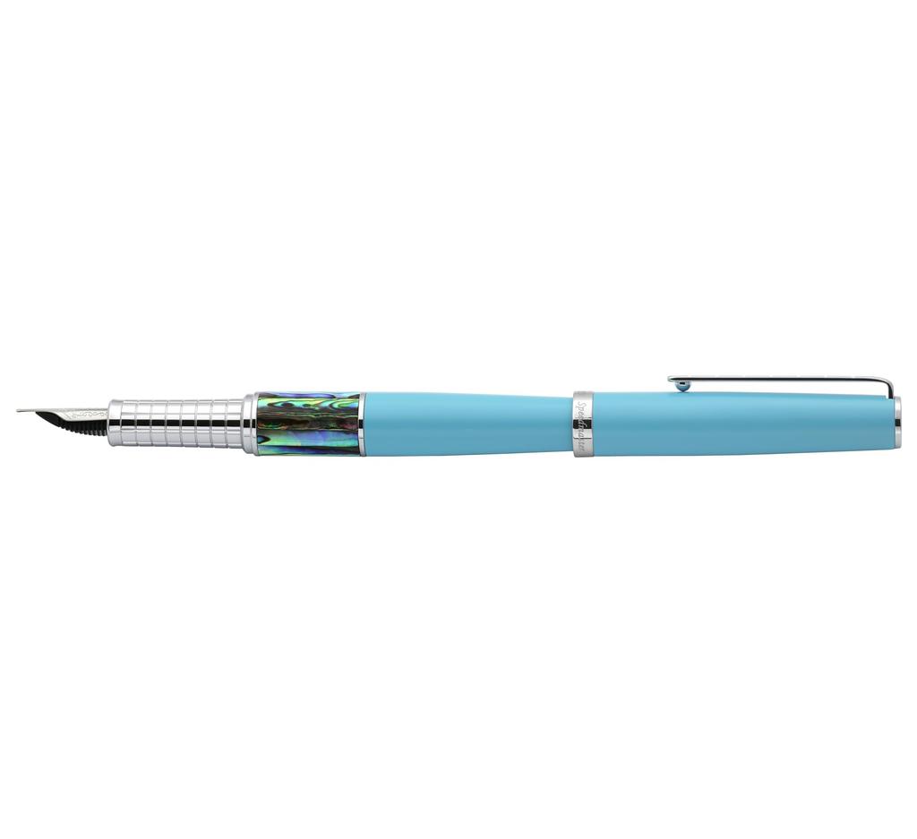 Xezo Speed Master Fountain Pen, Fine Nib. Matte Sky Blue, Paua Abalone Shell. Chrome-plated. Lightweight Brass Body.