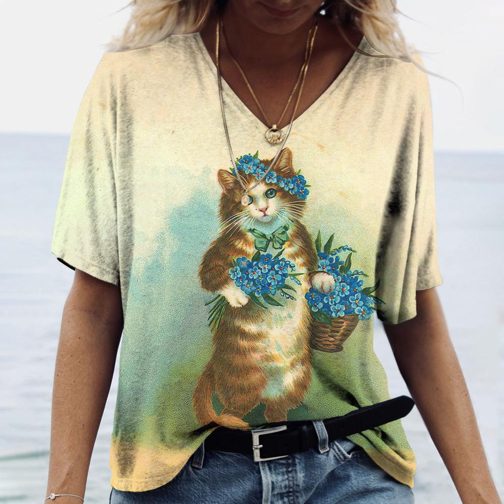 2025 Summer New 3D Cat Print Tee Loose Retro Women's V-neck Short Sleeved Street Style T-shirt Casual Top
