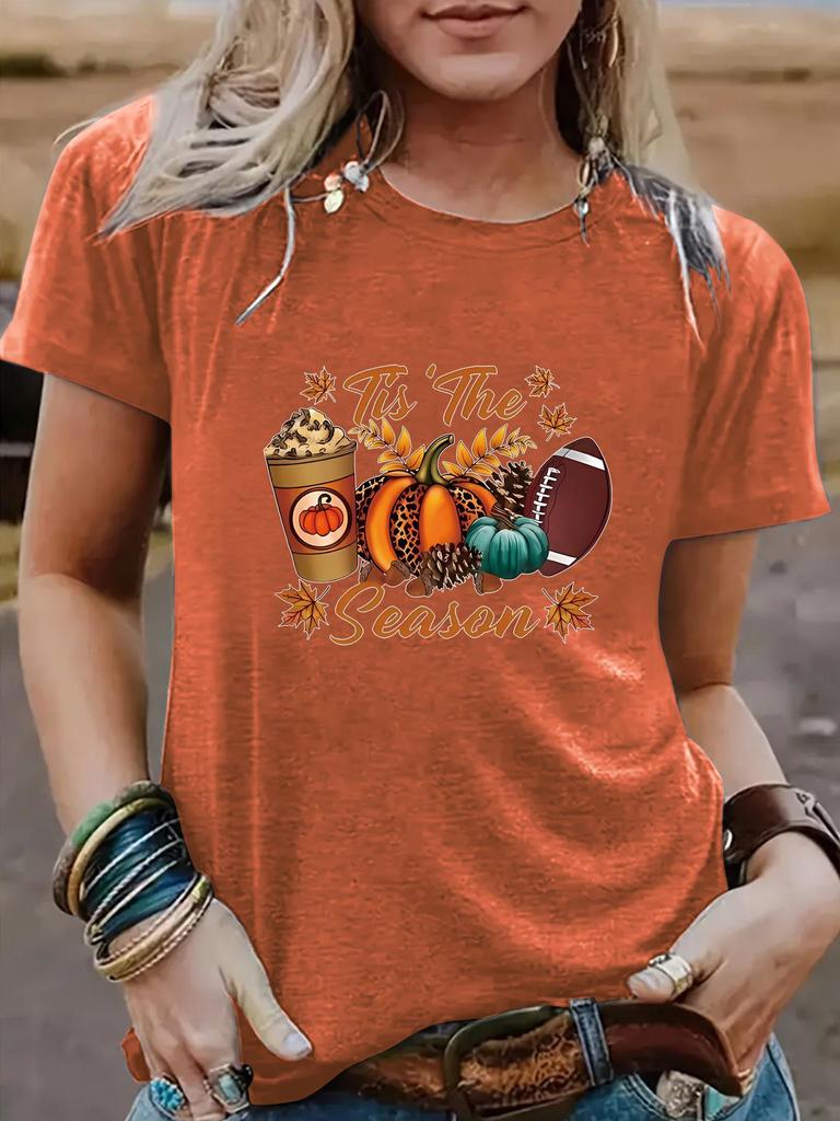 European & American Women's Halloween Pumpkin Baseball Tee - Round Neck, Short Sleeve, Casual Fashion T-Shirt